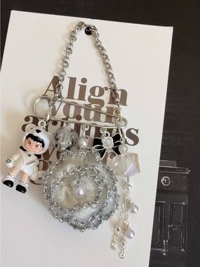 Handmade White and Silver Bag Charm Pin with character and camellia